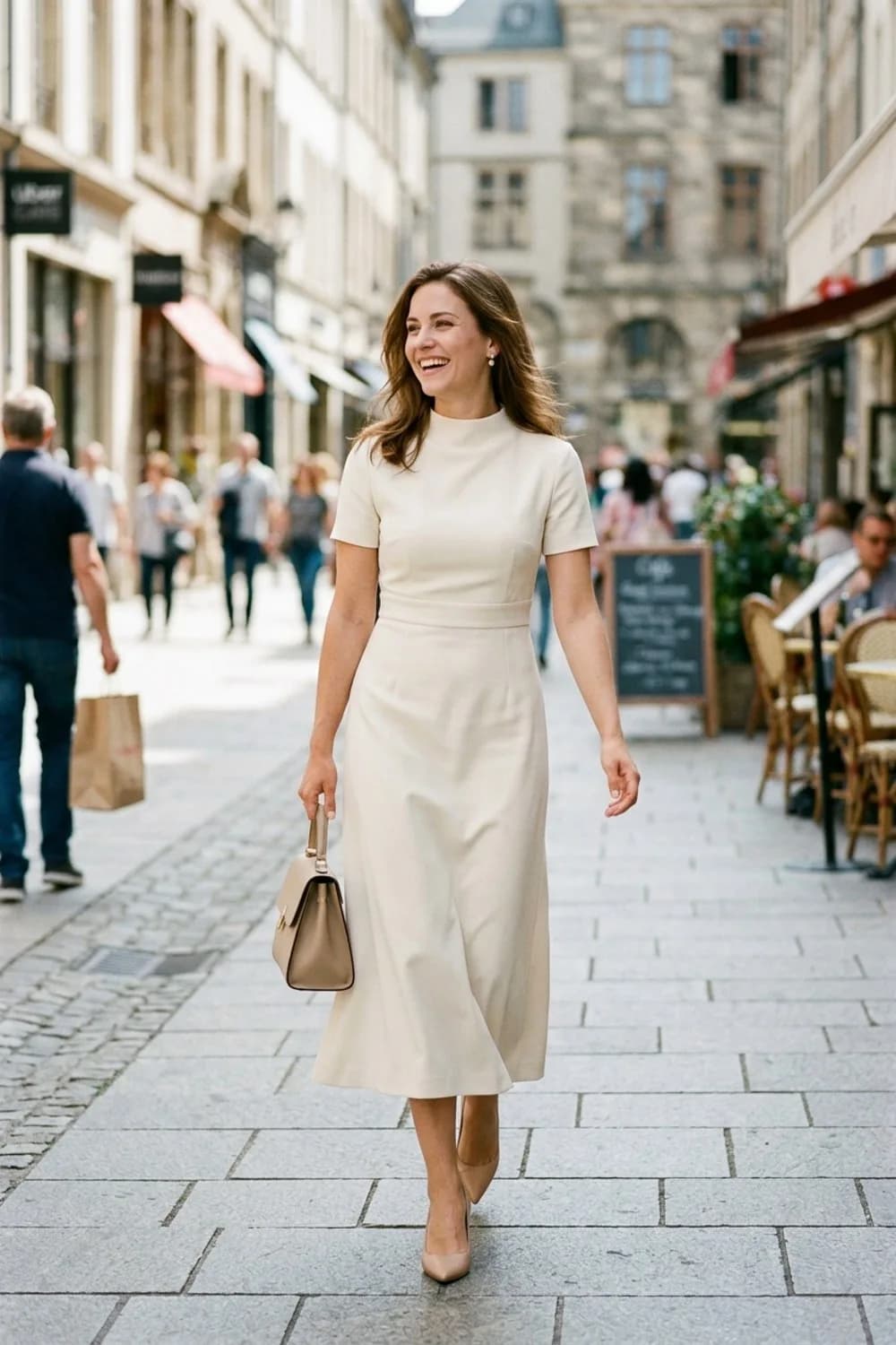 Classic-Chic: Wadenlanges Etuikleid in Creme, nudefarbene Pumps und Perlenohrringe – Standesamt Kleid: 11 wunderschöne Looks für die zivile Trauung