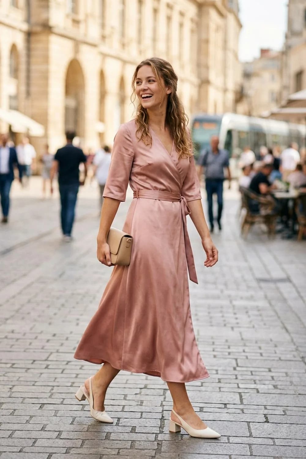 Lässig-Elegant: Midi-Wickelkleid aus Satin, spitze Slingback-Pumps und eine kleine Clutch – Standesamt Kleid: 11 wunderschöne Looks für die zivile Trauung
