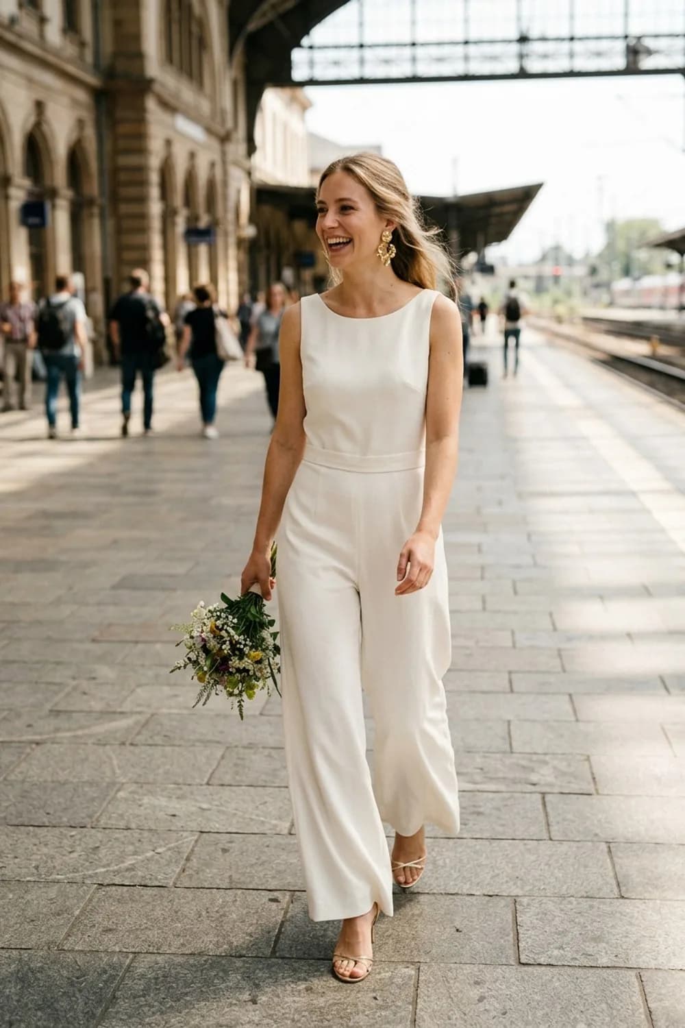 Modern-Minimalist: Weißer Jumpsuit mit weitem Bein, goldene Statement-Ohrringe und filigrane Sandaletten – Standesamt Kleid: 11 wunderschöne Looks für die zivile Trauung