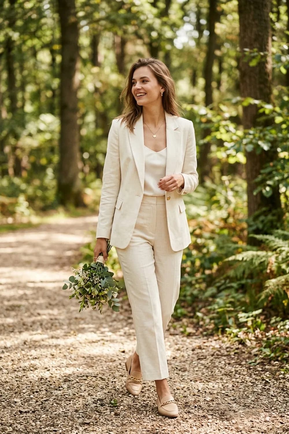 Power-Braut: Cremefarbener Hosenanzug, Seidentop und spitze Loafer – Standesamt Kleid: 11 wunderschöne Looks für die zivile Trauung