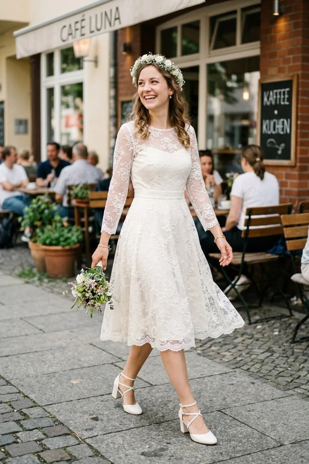 Romantik-Pur: Knielanges A-Linien-Kleid aus Spitze, Riemchen-Pumps und ein zarter Blumenkranz – Standesamt Kleid: 11 wunderschöne Looks für die zivile Trauung
