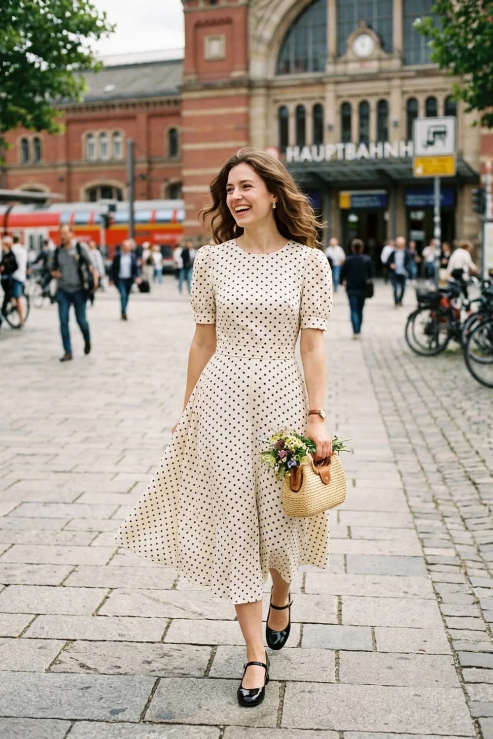 Vintage-Flair: Midi-Kleid mit Puffärmeln und Polka-Dots, Mary-Jane-Schuhe und eine Bast-Clutch – Standesamt Kleid: 11 wunderschöne Looks für die zivile Trauung
