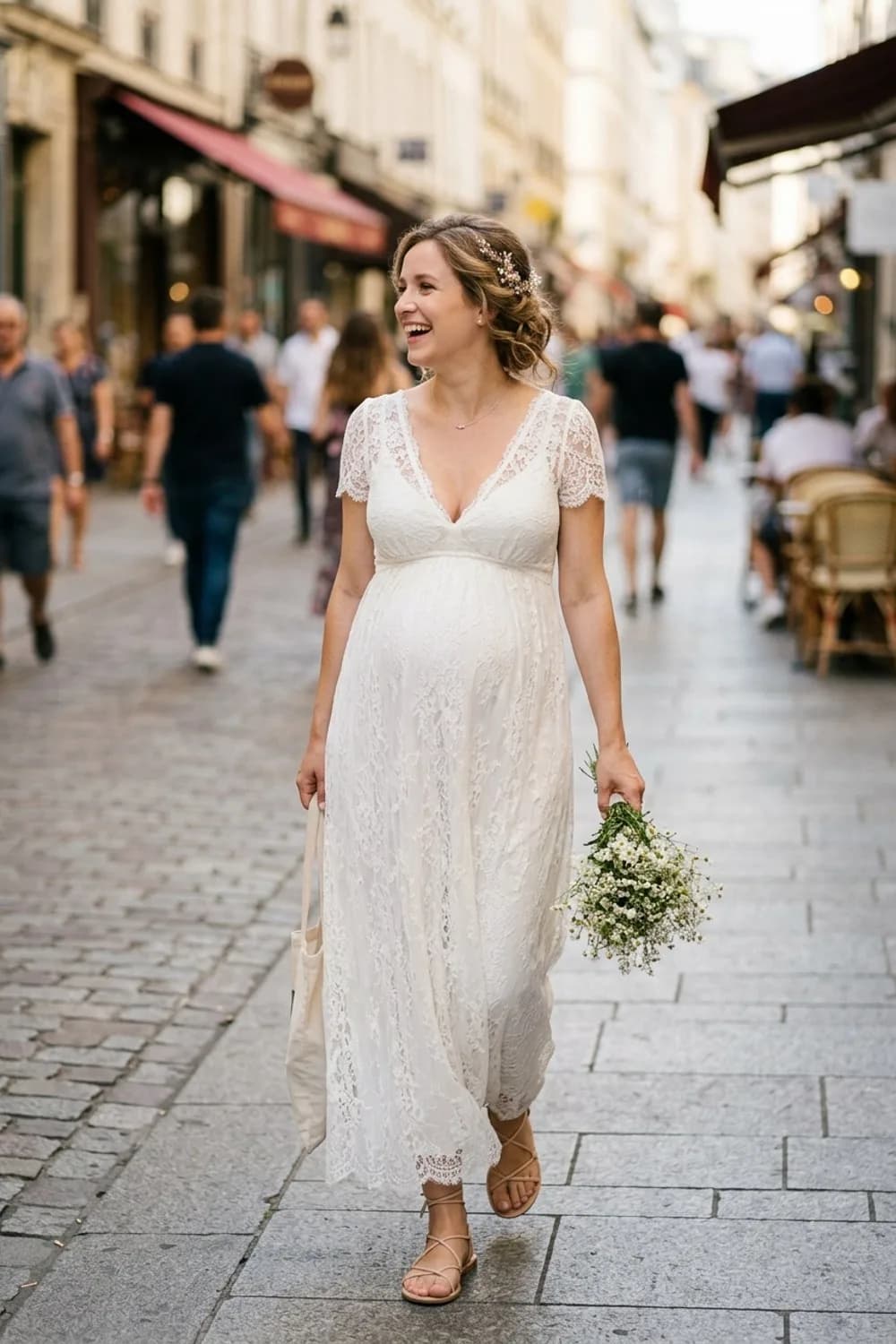 Der romantische Klassiker: Empire-Kleid aus Spitze, zarte Sandaletten und filigraner Haarschmuck – Standesamt Kleid für Schwangere: 9 wunderschöne Looks für die Braut in anderen Umständen