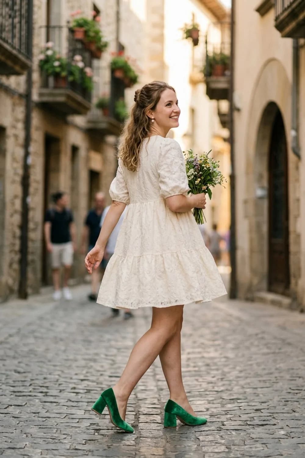 Der verspielte Look: Kurzes Babydoll-Kleid, farbige Samt-Pumps und Perlenstecker – Standesamt Kleid für Schwangere: 9 wunderschöne Looks für die Braut in anderen Umständen