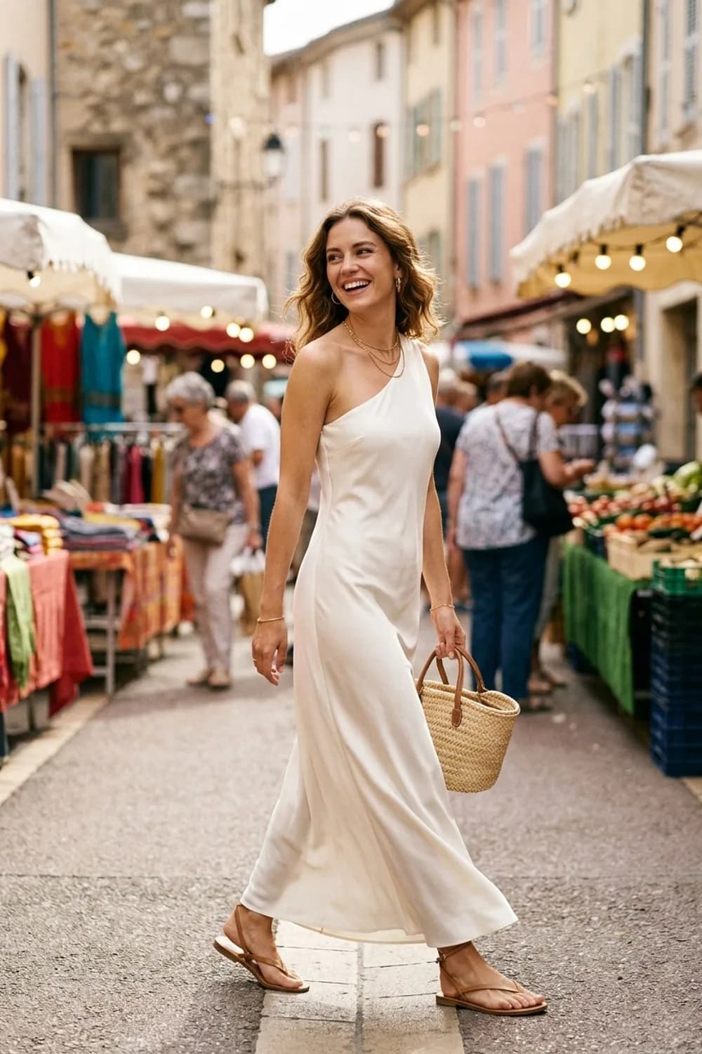 Die puristische Göttin: Asymmetrisches One-Shoulder-Kleid, flache Riemchensandalen und Goldschmuck – Standesamt Kleid für Schwangere: 9 wunderschöne Looks für die Braut in anderen Umständen