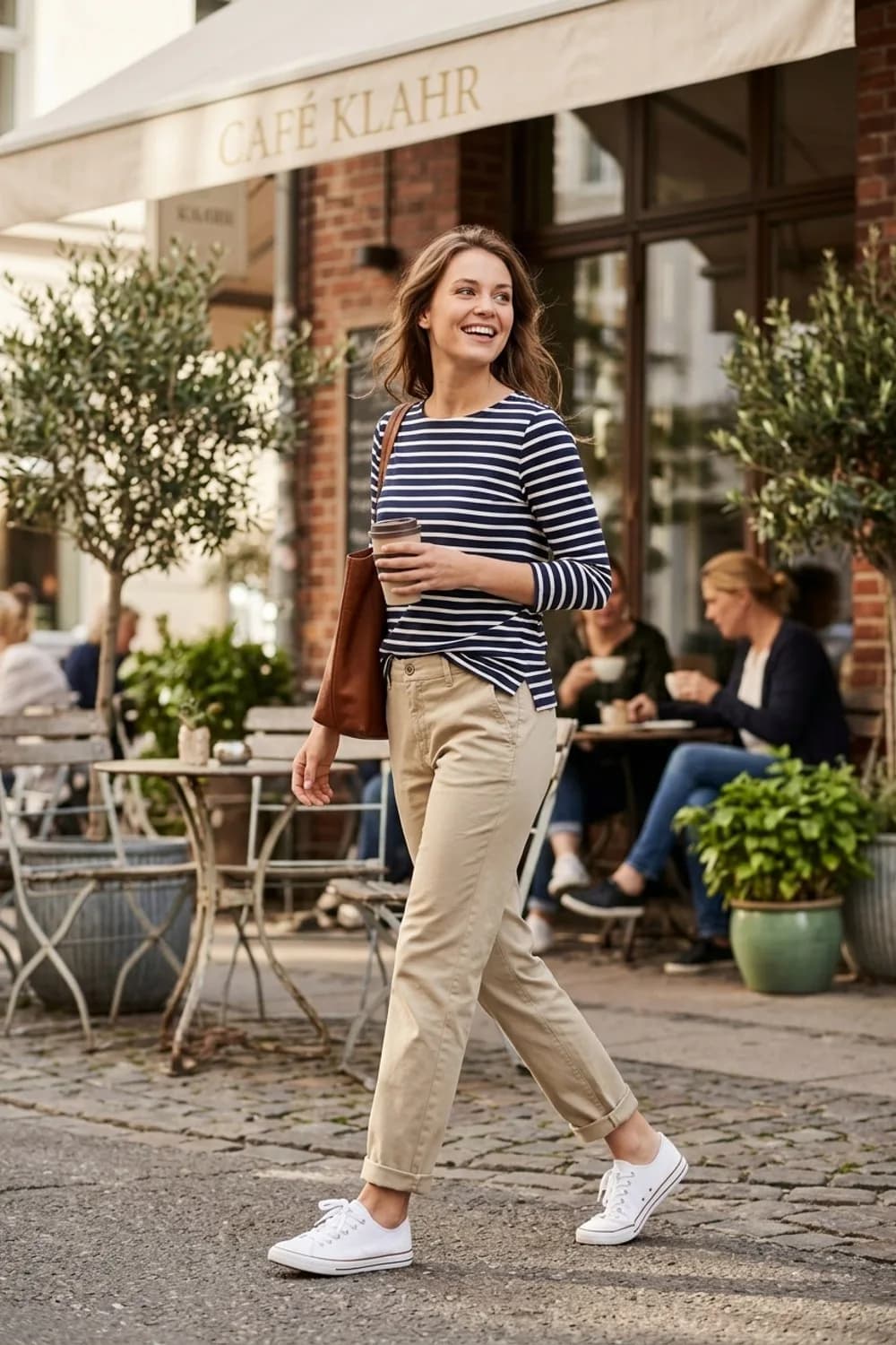 Lässiger Wochenend-Style: Khakifarbene Chino, gestreiftes Langarmshirt und weiße Sneaker – Stoffhose: 9 elegante Outfits mit dem hochwertigen Klassiker