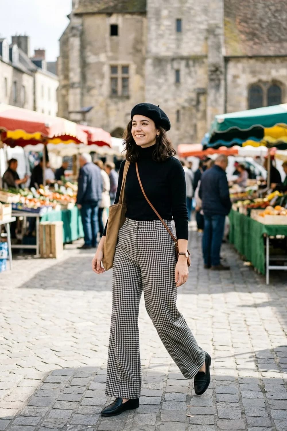Pariser Flair: Weite Stoffhose mit Hahnentrittmuster, schwarzer Feinstrickpullover und Barett – Stoffhose: 9 elegante Outfits mit dem hochwertigen Klassiker