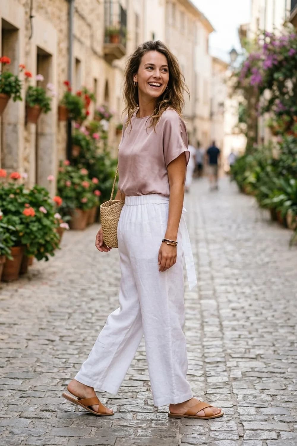 Sommerliche Eleganz: Weiße Leinenhose, pastellfarbenes Seidentop und flache Sandalen – Stoffhose: 9 elegante Outfits mit dem hochwertigen Klassiker