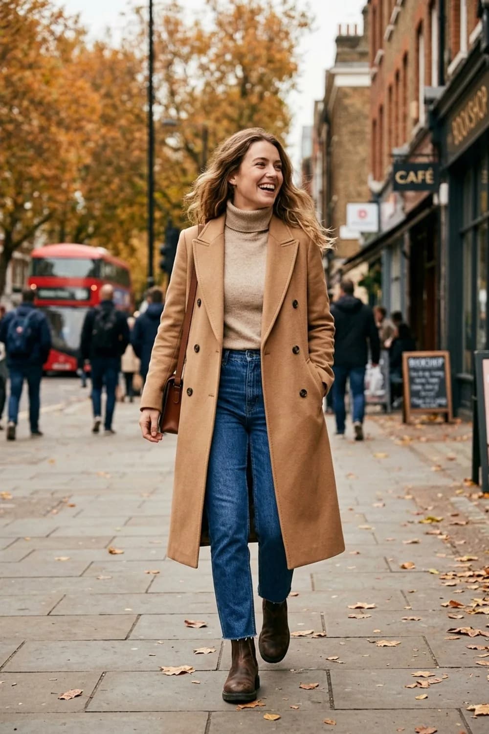 Herbstspaziergang: Camel-farbener Wollmantel, Rollkragenpullover und Chelsea Boots – Straight Jeans: 9 zeitlose Looks, die einfach immer funktionieren