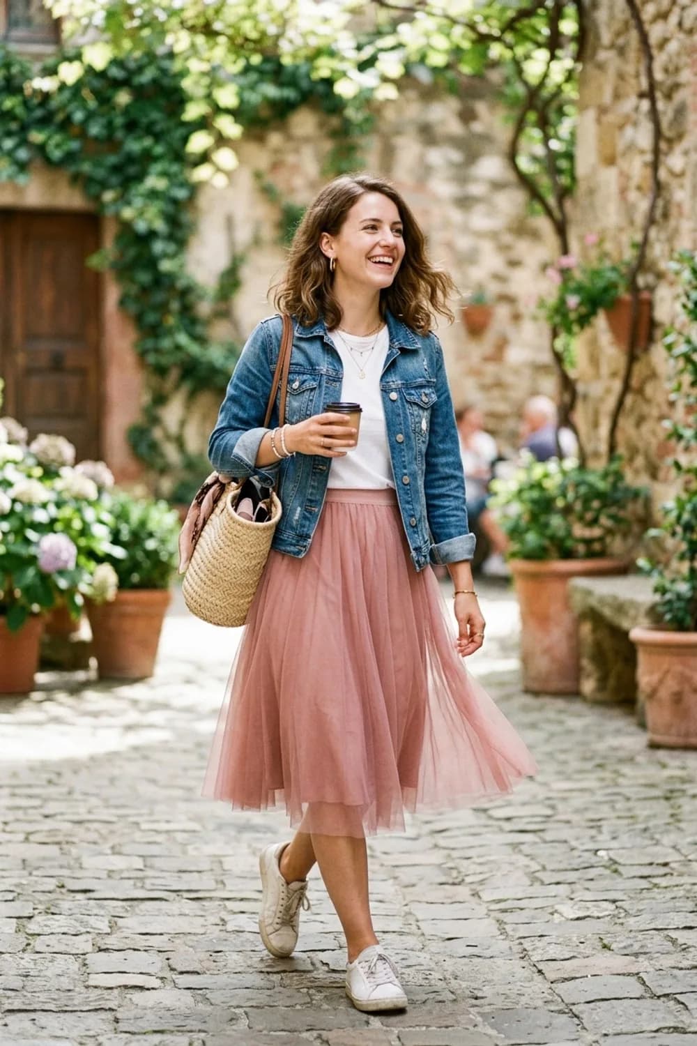 Der lässige Alltags-Look: Roséfarbener Tüllrock, weißes T-Shirt und Jeansjacke – Tüllrock kombinieren: 9 romantische Looks, die wirklich zum Träumen sind