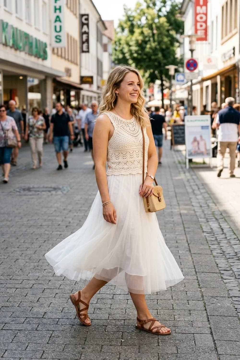 Der sommerliche Boho-Look: Weißer Tüllrock, Häkeltop und flache Sandalen – Tüllrock kombinieren: 9 romantische Looks, die wirklich zum Träumen sind