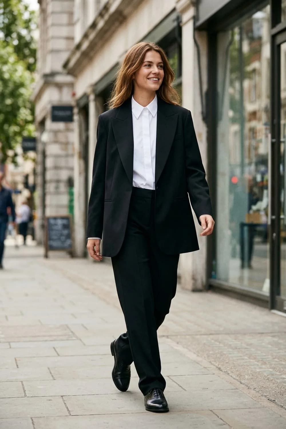 Androgyner Statement-Look: Weißes Hemd, schwarzer Anzug und Oxford-Schuhe – Weißes Hemd: 9 cleane Outfits für Frauen, die Schlichtheit wirklich lieben