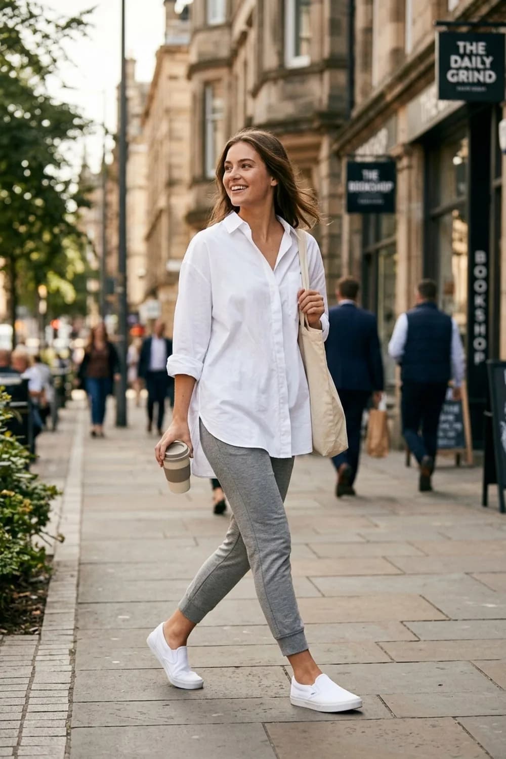 Entspannter Home-Office-Look: Weißes Boyfriend-Hemd, graue Jogginghose und Slip-On-Sneaker – Weißes Hemd: 9 cleane Outfits für Frauen, die Schlichtheit wirklich lieben