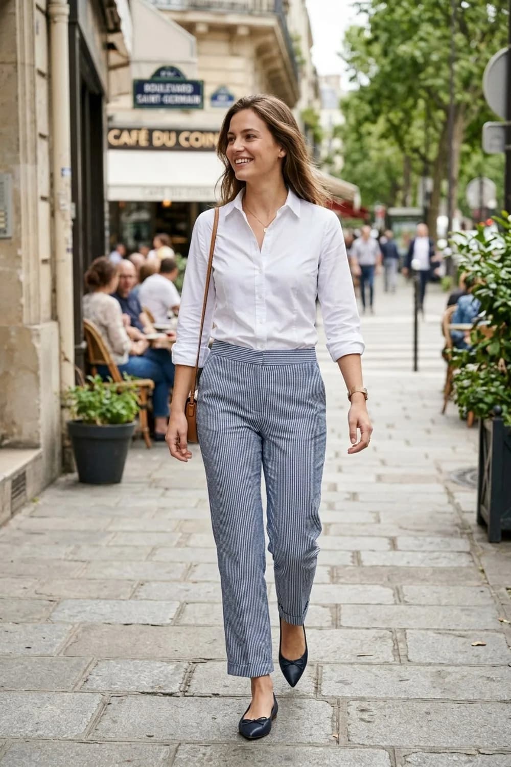 French-Girl-Look: Weißes Hemd, Marineblau-gestreifte Stoffhose und Ballerinas – Weißes Hemd: 9 cleane Outfits für Frauen, die Schlichtheit wirklich lieben