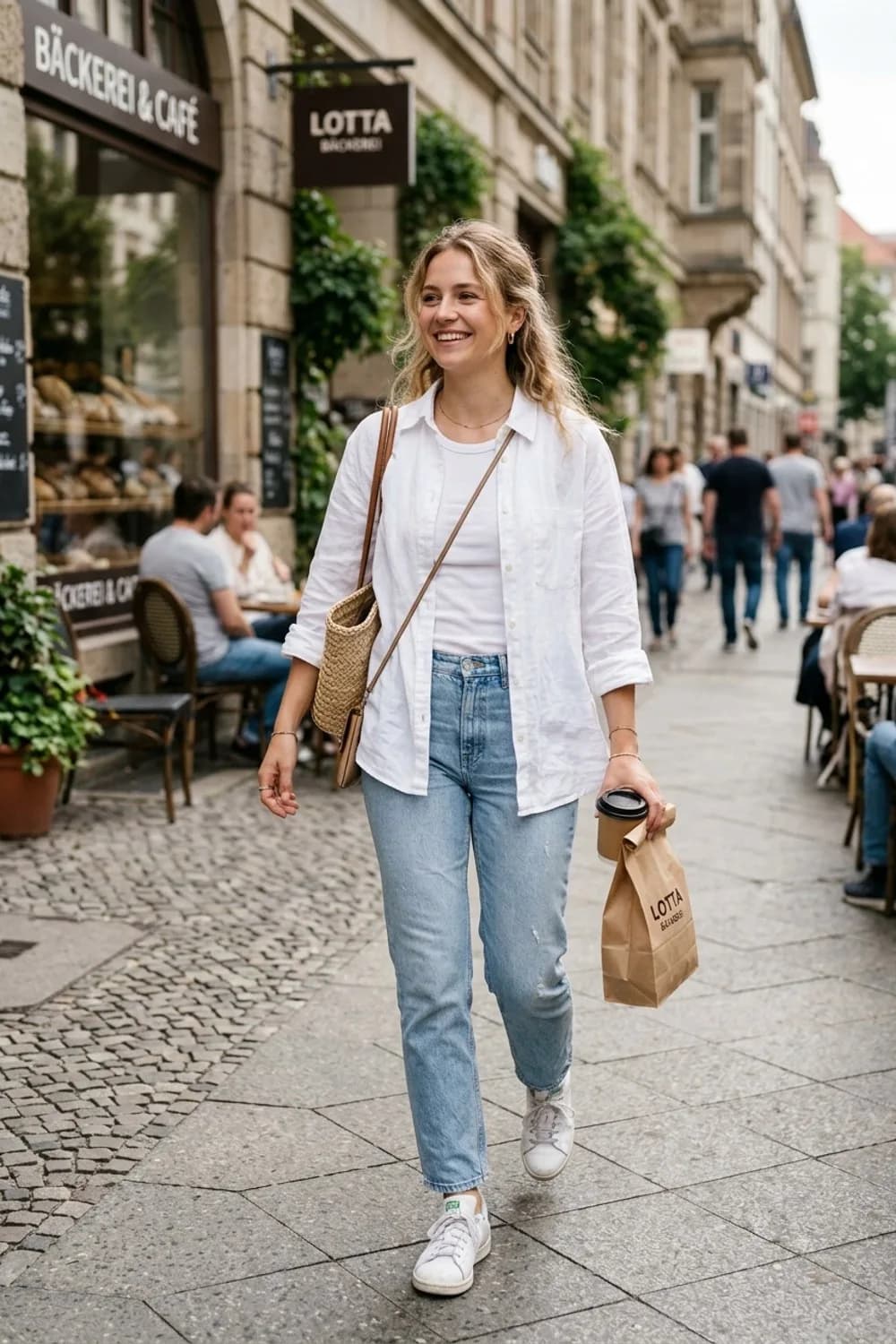 Lässiger Wochenend-Look: Weißes Leinenhemd, helle Jeans und weiße Sneaker – Weißes Hemd: 9 cleane Outfits für Frauen, die Schlichtheit wirklich lieben