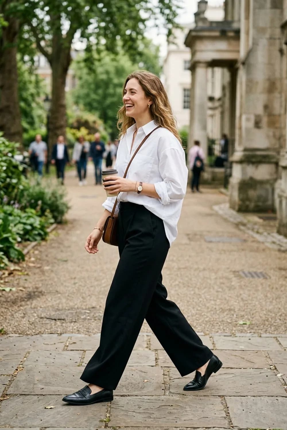 Minimalistischer Büro-Look: Weißes Oversize-Hemd, schwarze Stoffhose und spitze Loafer – Weißes Hemd: 9 cleane Outfits für Frauen, die Schlichtheit wirklich lieben
