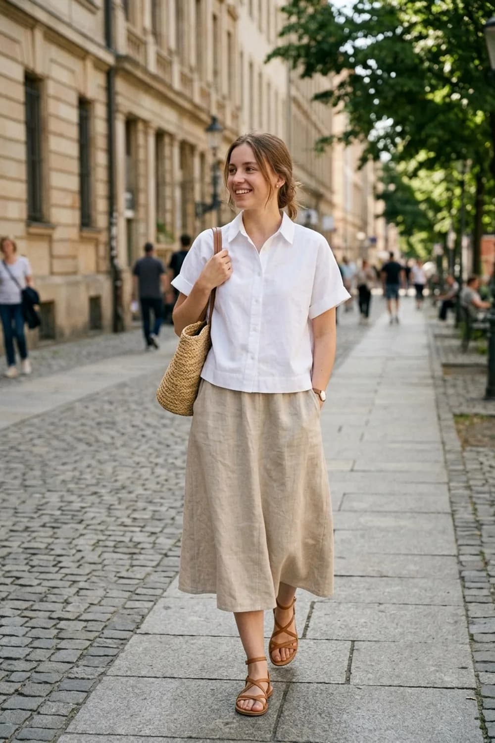 Sommerlicher City-Look: Weißes Kurzarm-Hemd, beige Leinenrock und Riemchensandalen – Weißes Hemd: 9 cleane Outfits für Frauen, die Schlichtheit wirklich lieben