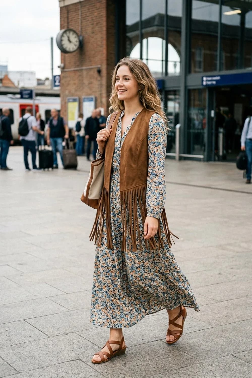Bohemian-Dream: Fransige Wildlederweste, geblümtes Maxikleid und Sandalen – Weste kombinieren: 9 tolle Outfits für Frauen mit diesem unterschätzten Teil