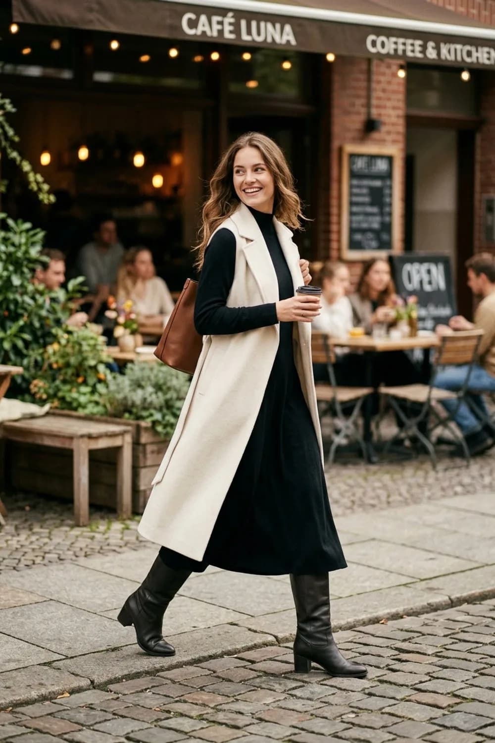 Eleganter Auftritt: Cremefarbene Longweste, schwarzes Midikleid und hohe Stiefel – Weste kombinieren: 9 tolle Outfits für Frauen mit diesem unterschätzten Teil
