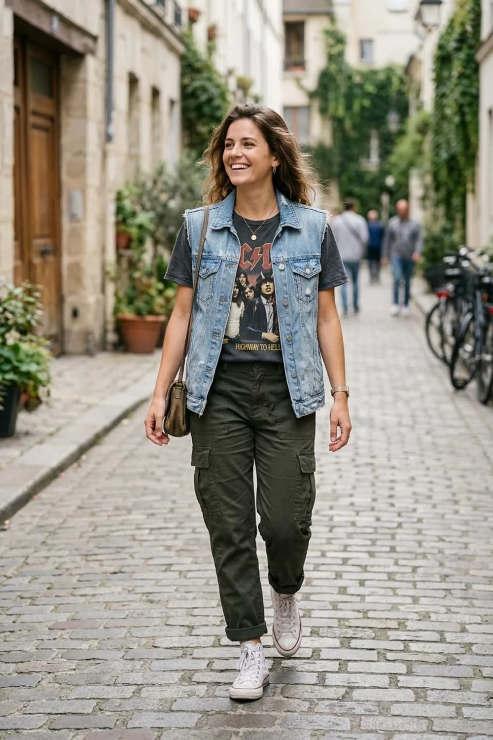 Festival-Vibes: Helle Jeansweste, Band-Shirt und Cargohose – Weste kombinieren: 9 tolle Outfits für Frauen mit diesem unterschätzten Teil