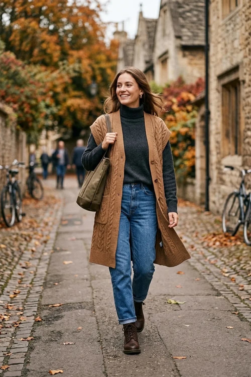 Herbst-Spaziergang: Lange Strickweste, Rollkragenpullover und Straight-Leg-Jeans – Weste kombinieren: 9 tolle Outfits für Frauen mit diesem unterschätzten Teil