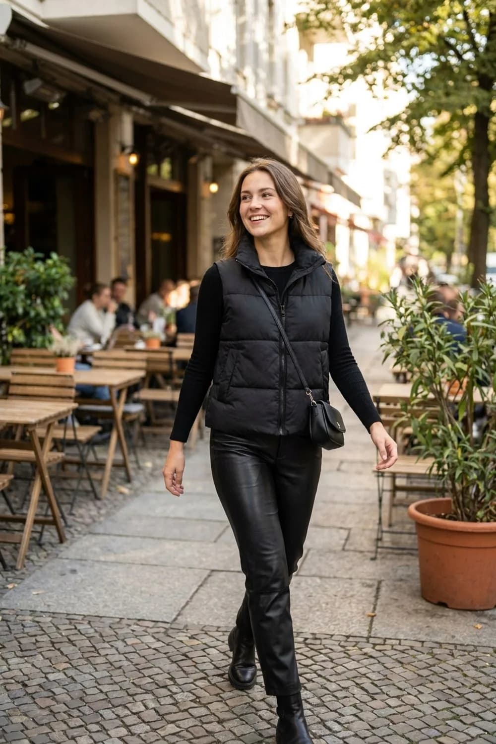 Monochrom-Statement: Schwarze Steppweste, schwarzes Langarmshirt und schwarze Lederhose – Weste kombinieren: 9 tolle Outfits für Frauen mit diesem unterschätzten Teil