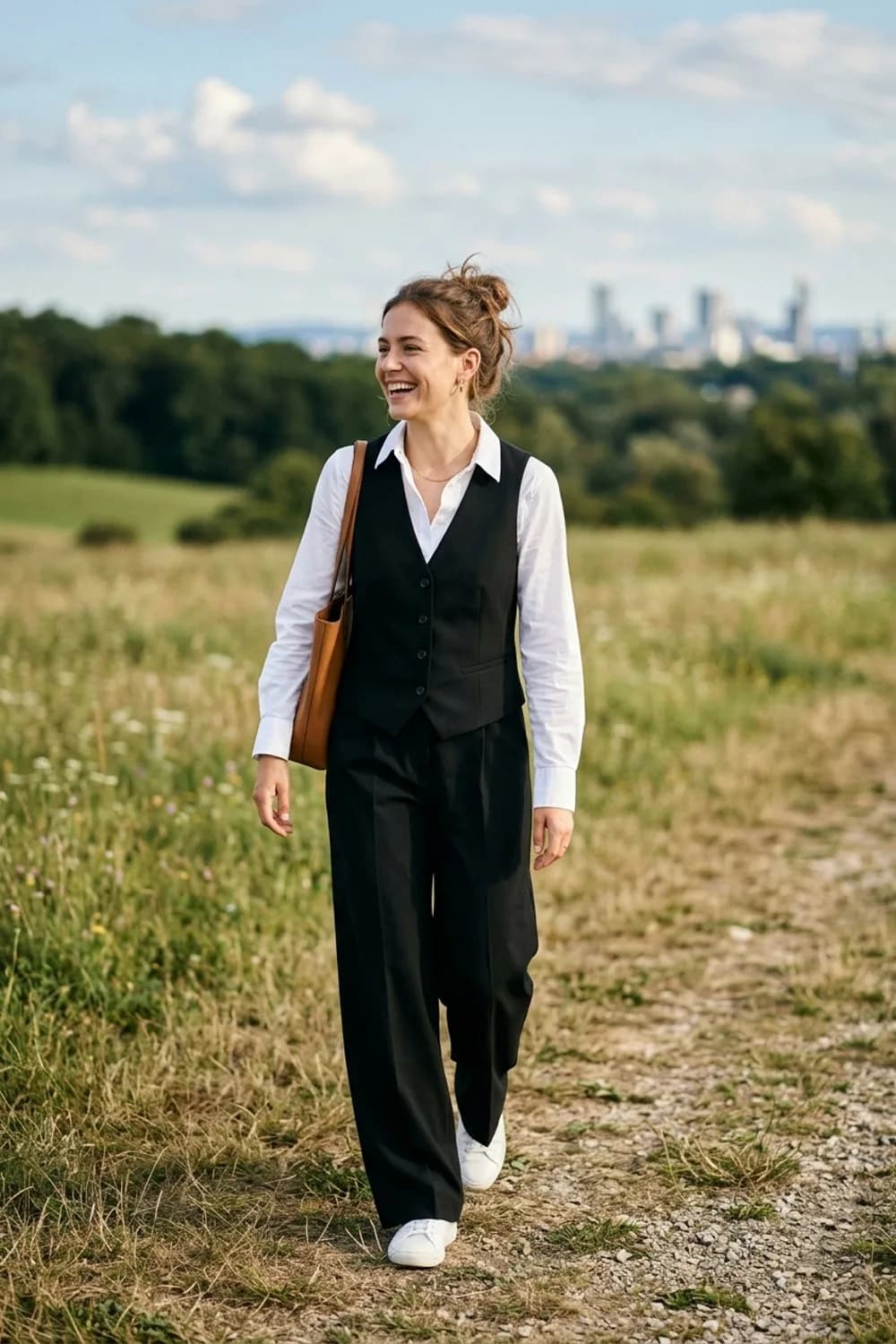 Office-Chic: Schwarze Anzugweste, weite Marlene-Hose und weiße Hemdbluse – Weste kombinieren: 9 tolle Outfits für Frauen mit diesem unterschätzten Teil