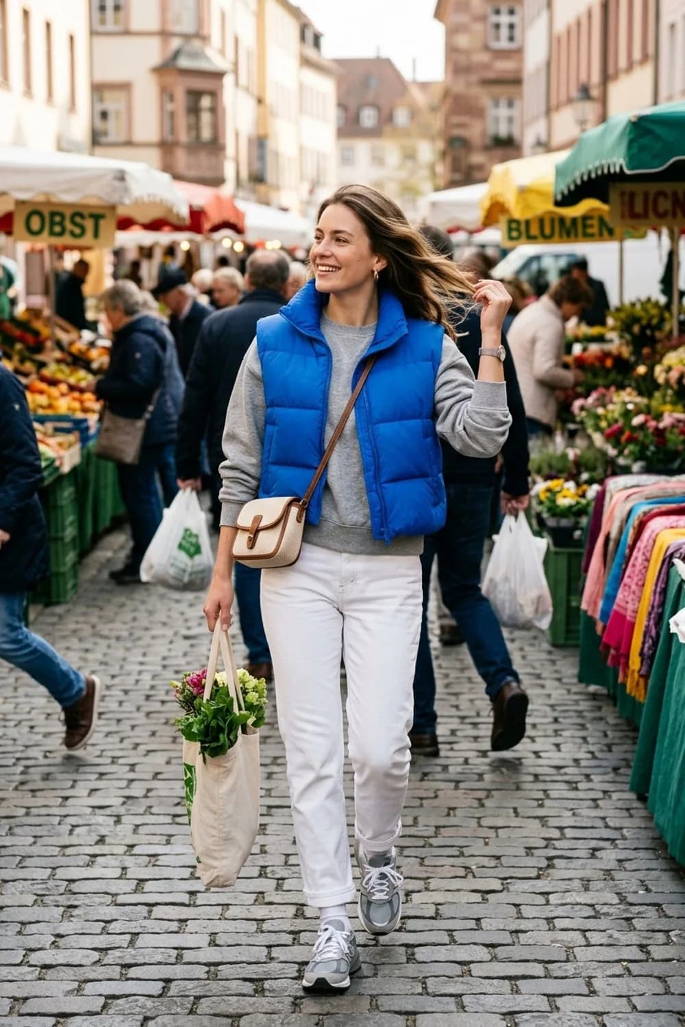 Sportlich-Elegant: Kurze Daunenweste, graues Sweatshirt und weiße Jeans – Weste kombinieren: 9 tolle Outfits für Frauen mit diesem unterschätzten Teil
