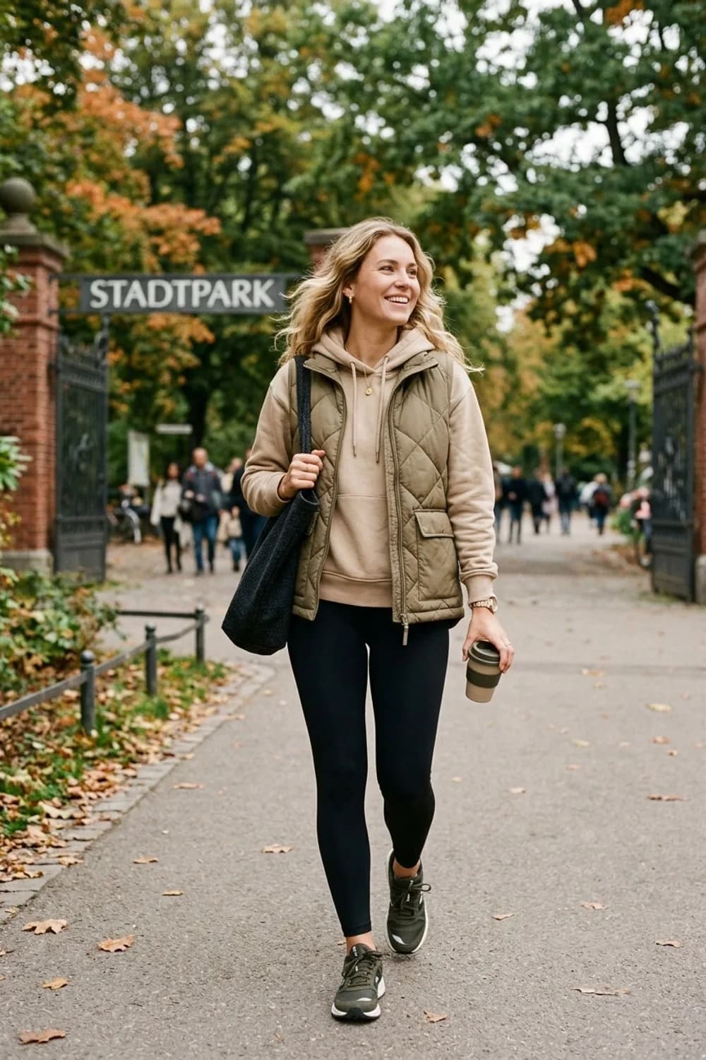 Wochenend-Look: Khakifarbene Steppweste, beiger Hoodie und schwarze Leggings – Weste kombinieren: 9 tolle Outfits für Frauen mit diesem unterschätzten Teil