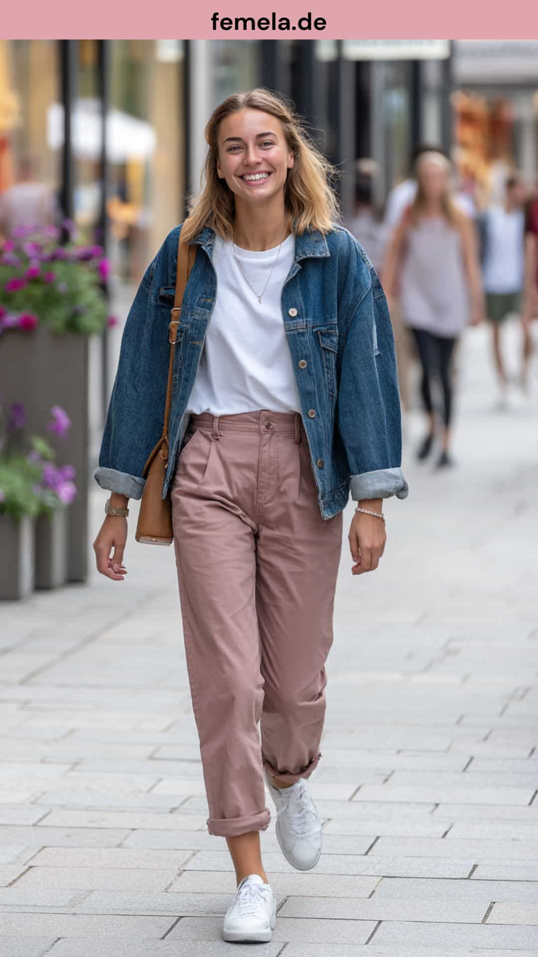 Eine Frau in einem lässigen Alltags-Outfit: Sie trägt eine hellbraune Chino, ein weißes T-Shirt, eine blaue Jeansjacke und weiße Sneaker.
