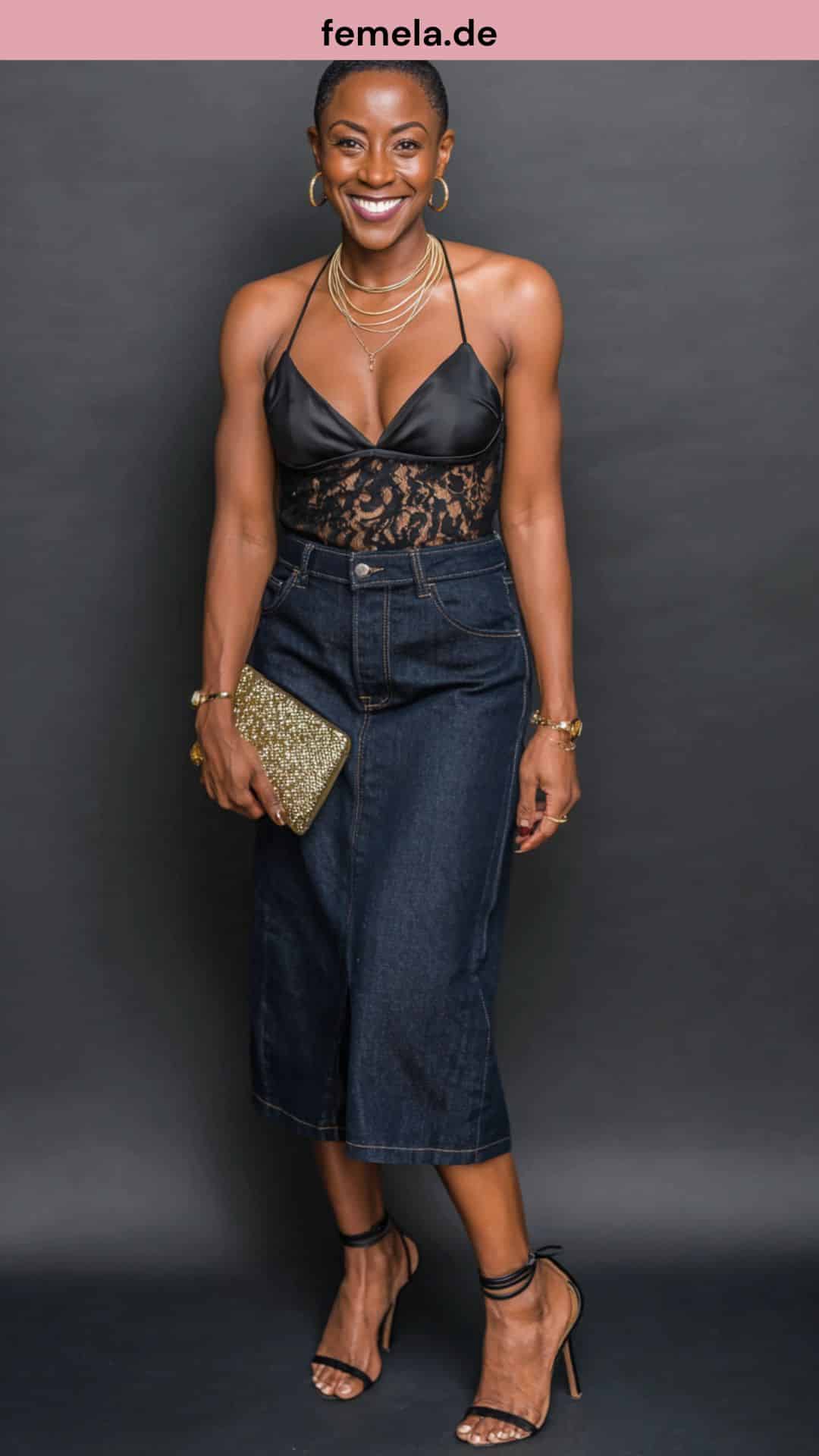 Eine Frau im eleganten Abend-Look: Sie trägt einen dunklen Jeansrock mit einem schwarzen Spitzen-Oberteil und hohen Sandaletten.