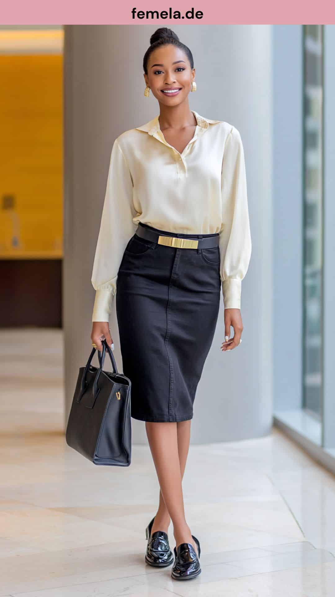Eine Frau im bürotauglichen Outfit: Sie trägt einen schwarzen Jeansrock in Bleistiftform mit einer eleganten Seidenbluse und Loafern.