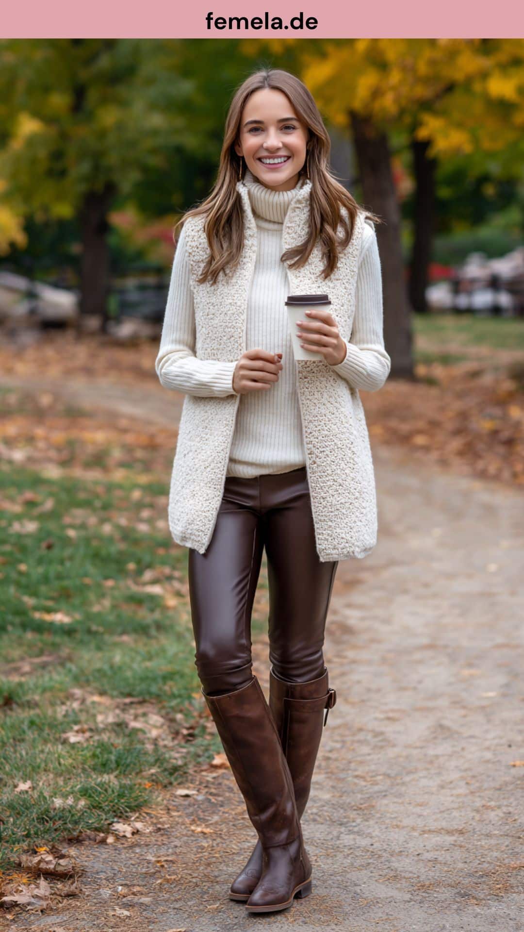 Eine Frau in einem gemütlichen Herbst-Lagenlook, die braune Lederleggins mit einem Rollkragenpullover, einer langen Strickweste und hohen cognacfarbenen Stiefeln kombiniert.