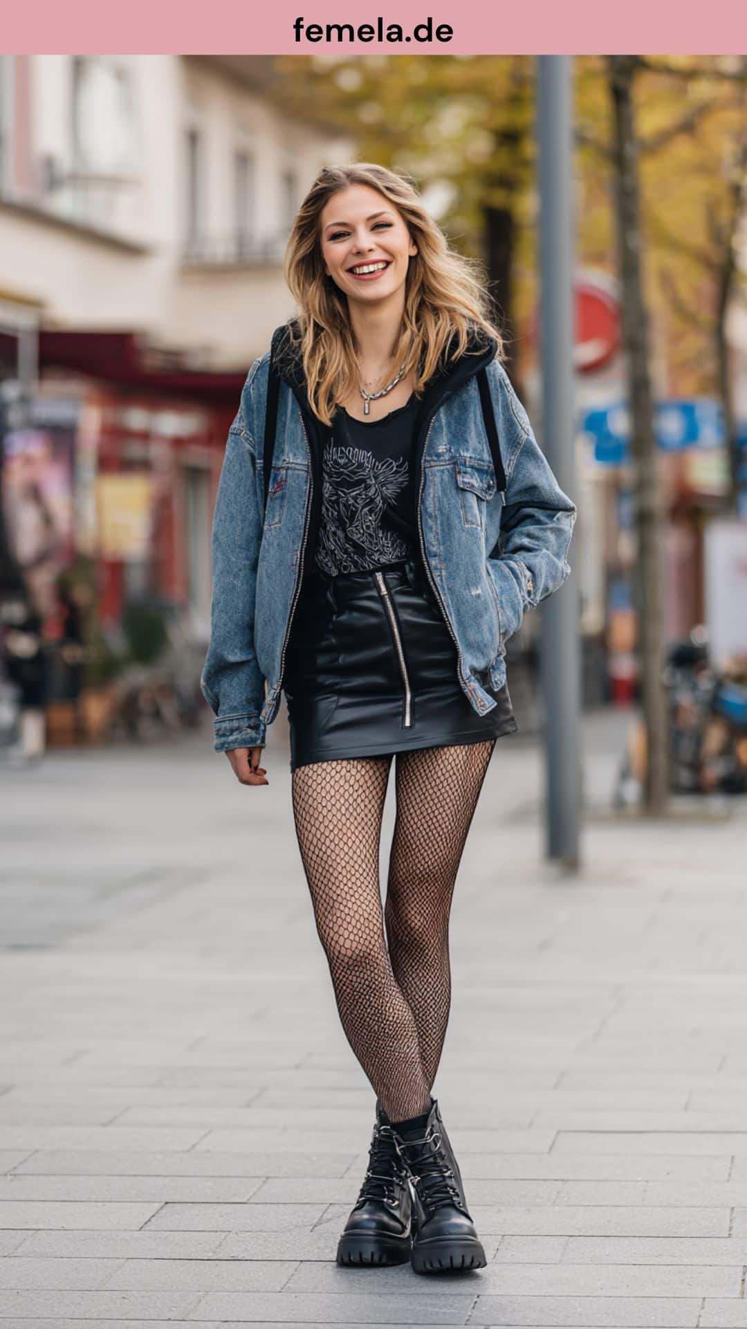Rockiges Herbst-Outfit mit Leder-Minirock, Band-Shirt, Jeansjacke und Biker Boots.