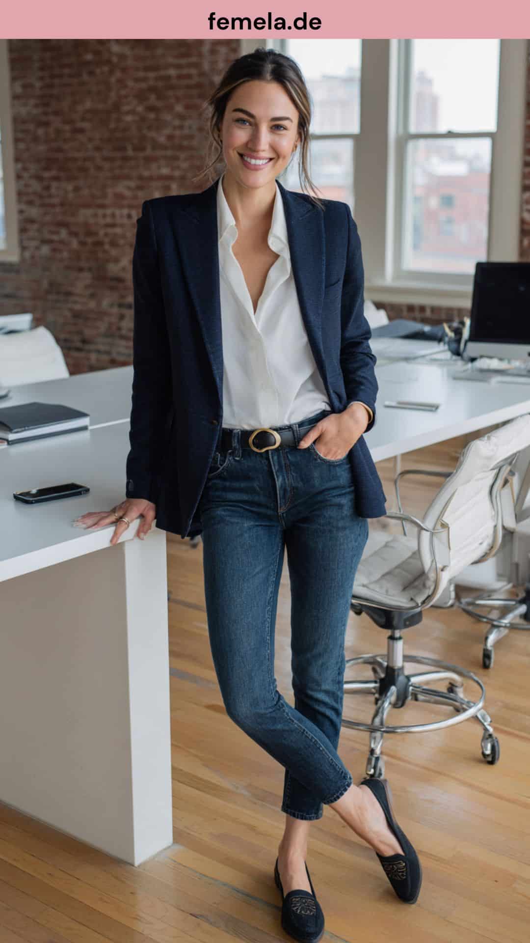 Eleganter Business-Look mit dunkelblauem Wollblazer, dunkler Jeans und weißer Seidenbluse.
