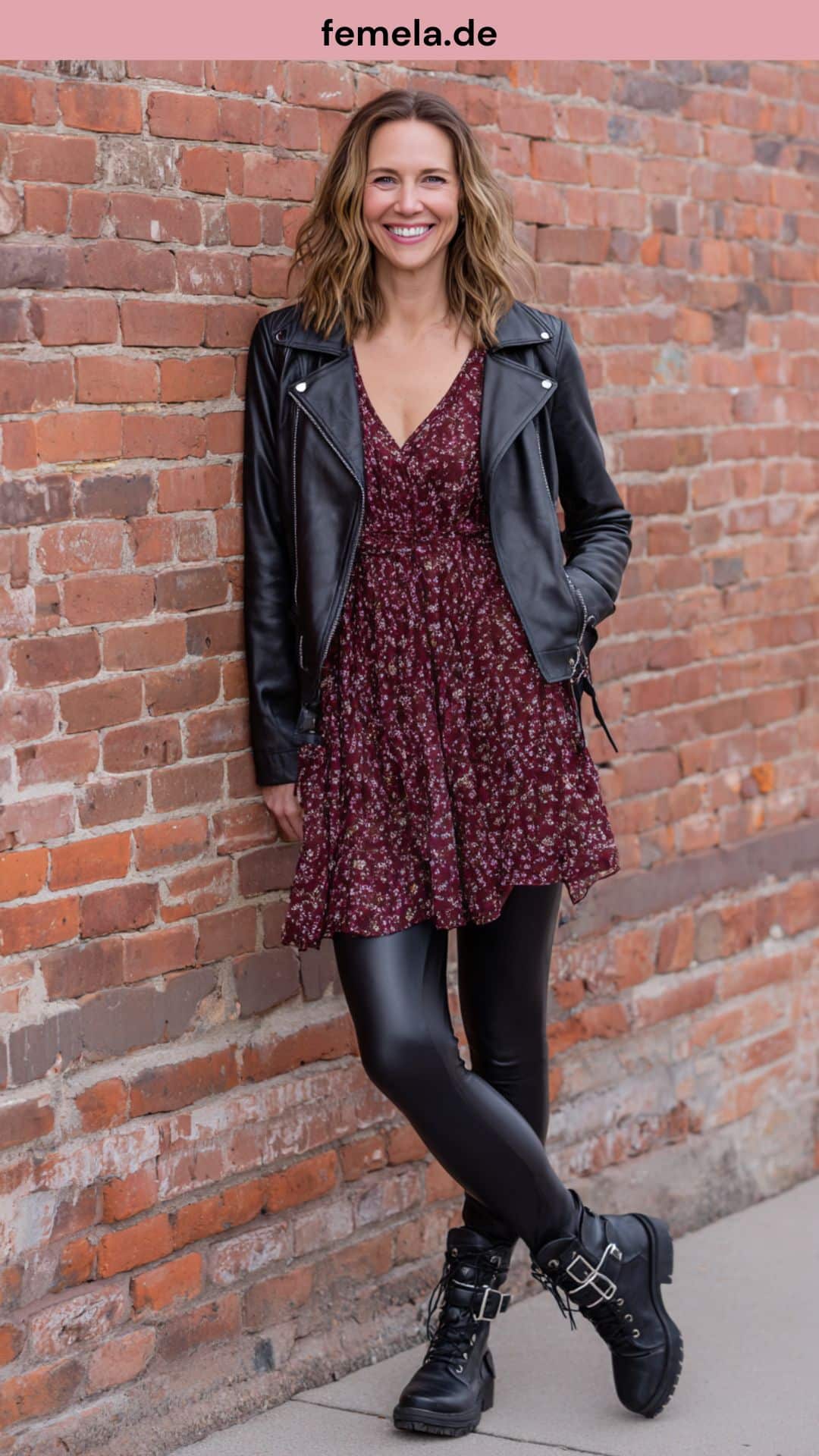 Rockiges Outfit mit dunkelrotem Chiffonkleid, Leggings in Lederoptik und Biker-Boots.