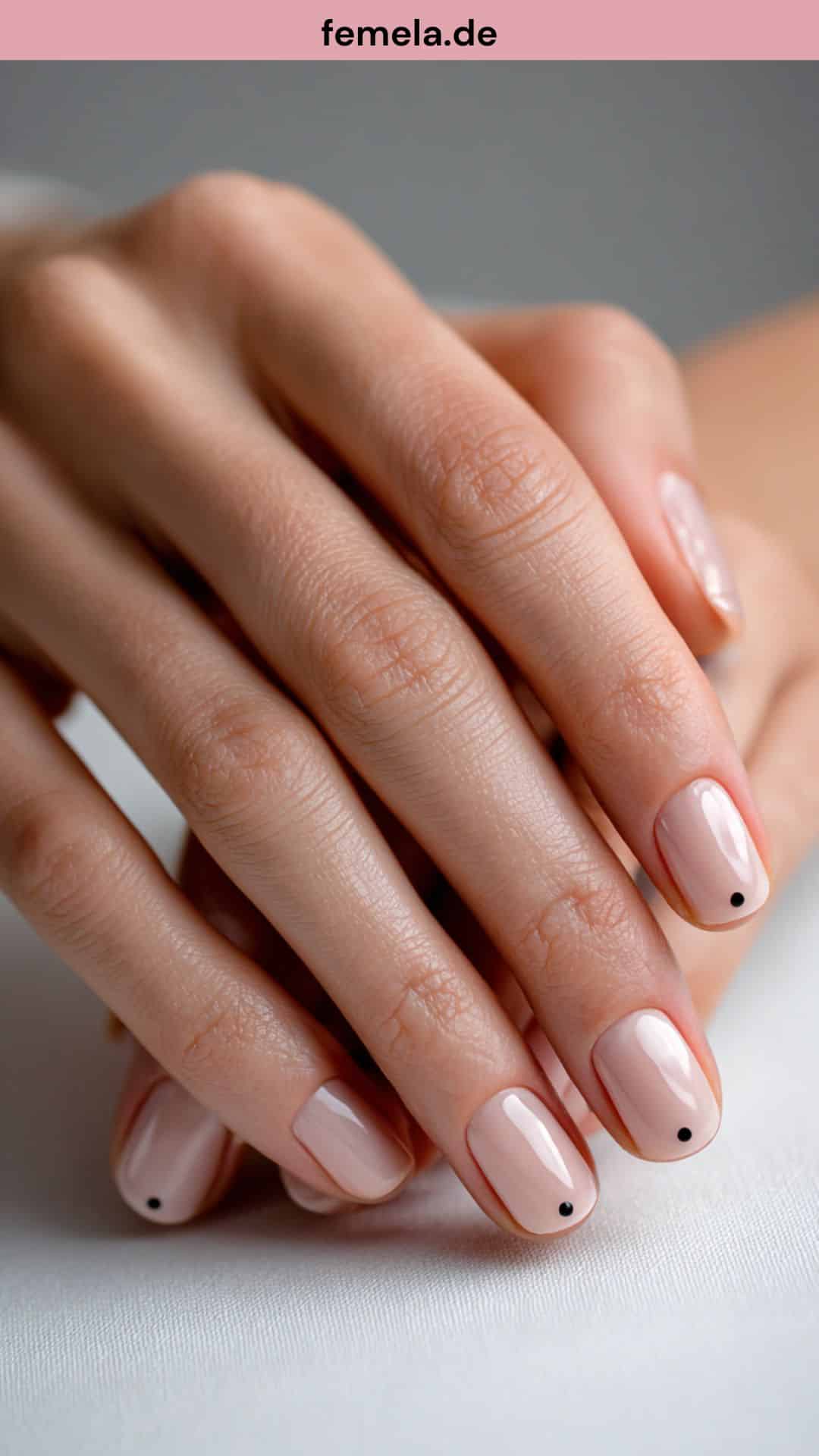 Makroaufnahme von Naturnägeln mit schwarzem Punkt.