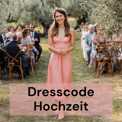 Hochzeitsgast in einem fließenden korallenfarbenen Midikleid.