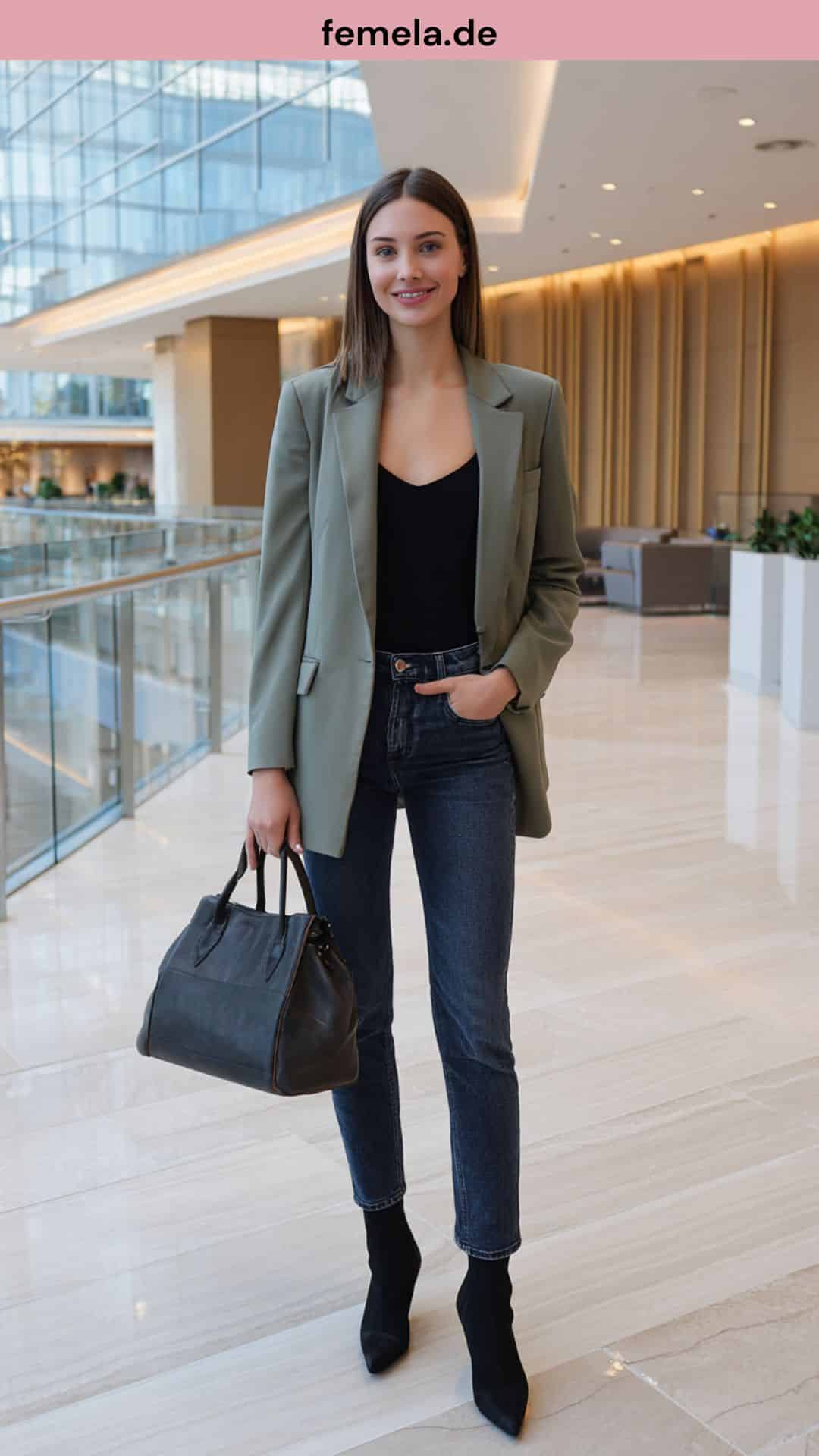 Business-Look mit dunkelblauer High-Waist Jeans, schwarzem Body und salbeigrünem Blazer.