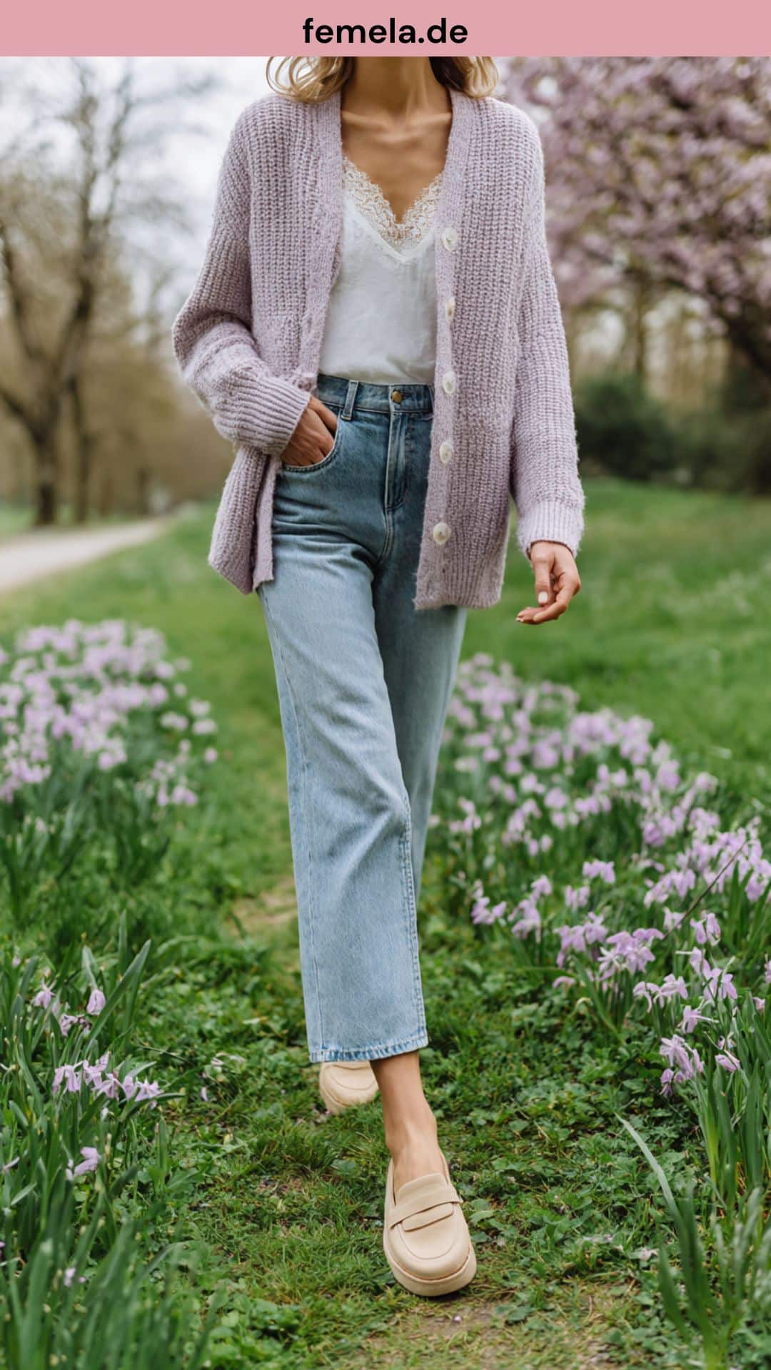 Frühlingsoutfit mit weiter hellblauer Jeans, fliederfarbenem Cardigan und beigen Loafern im Park.