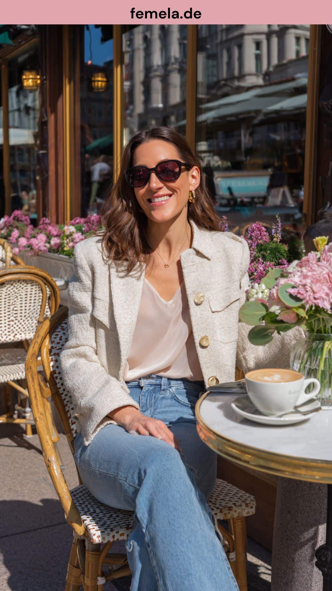 Lässiger Luxus-Look mit klassischer Jeans, Tweed-Jacke und Seiden-Top beim Wochenend-Brunch.