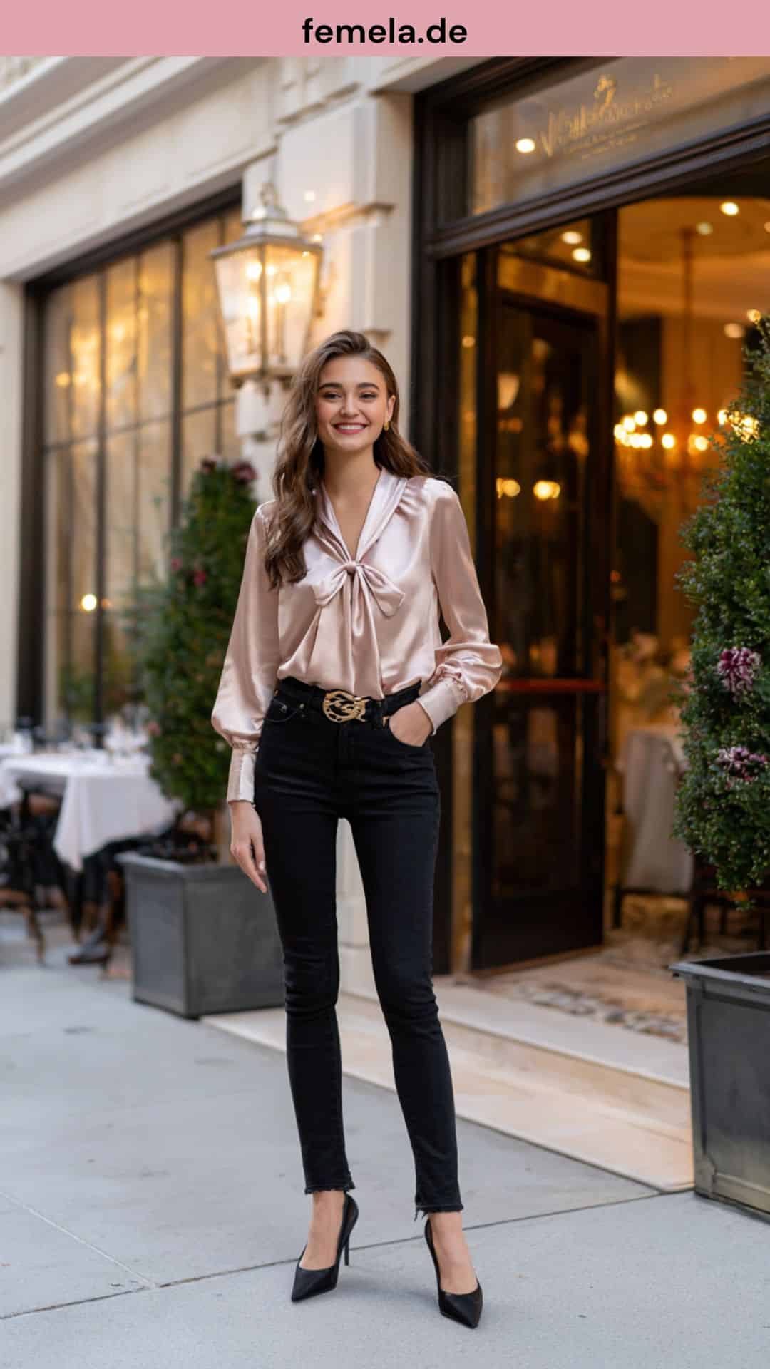 Schickes Abend-Outfit mit schwarzer Skinny Jeans, Champagner-Satinbluse und High Heels für ein Date.