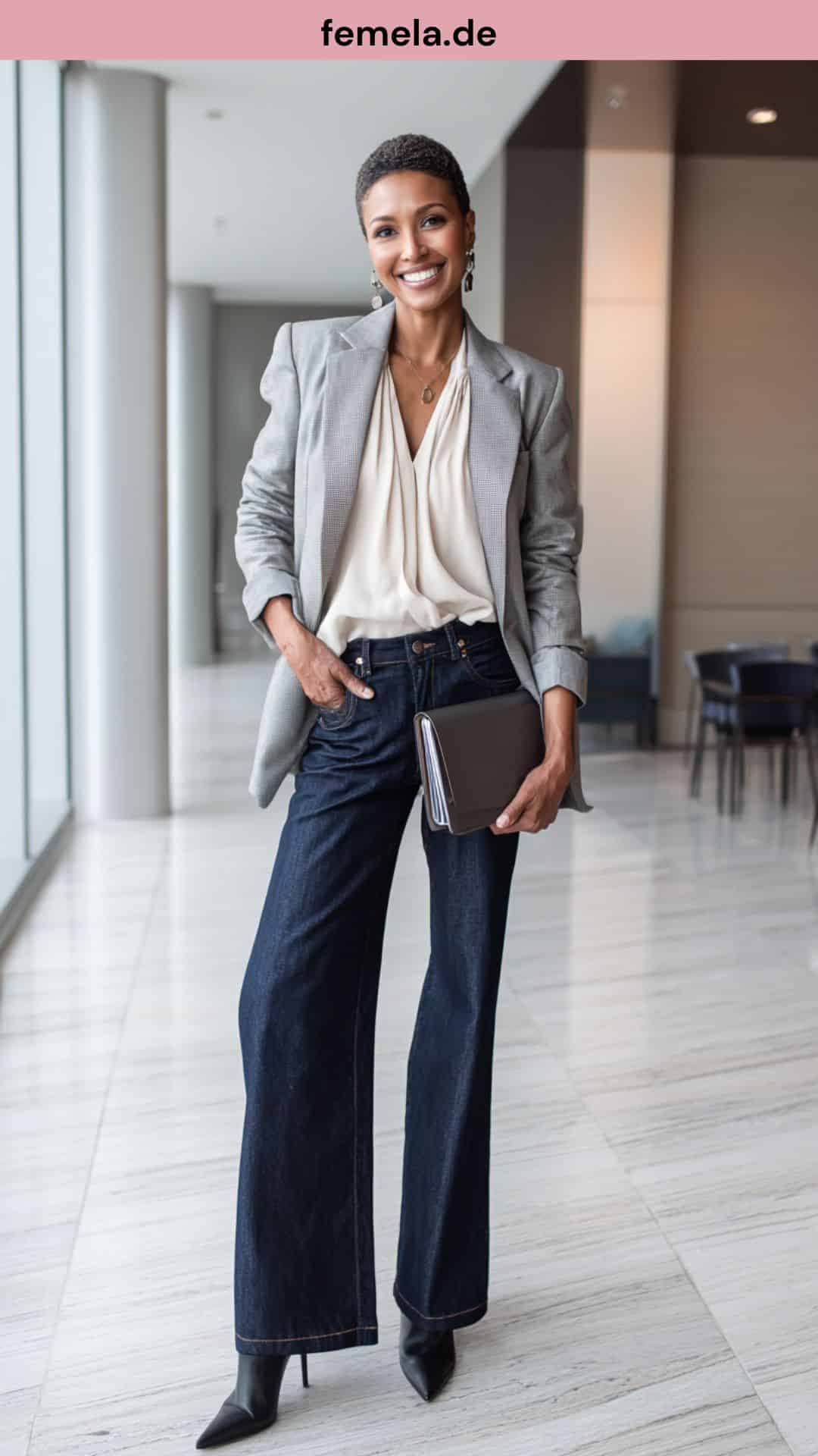 Elegantes Office-Outfit mit dunkelblauer Wide-Leg-Jeans und grauem Blazer.