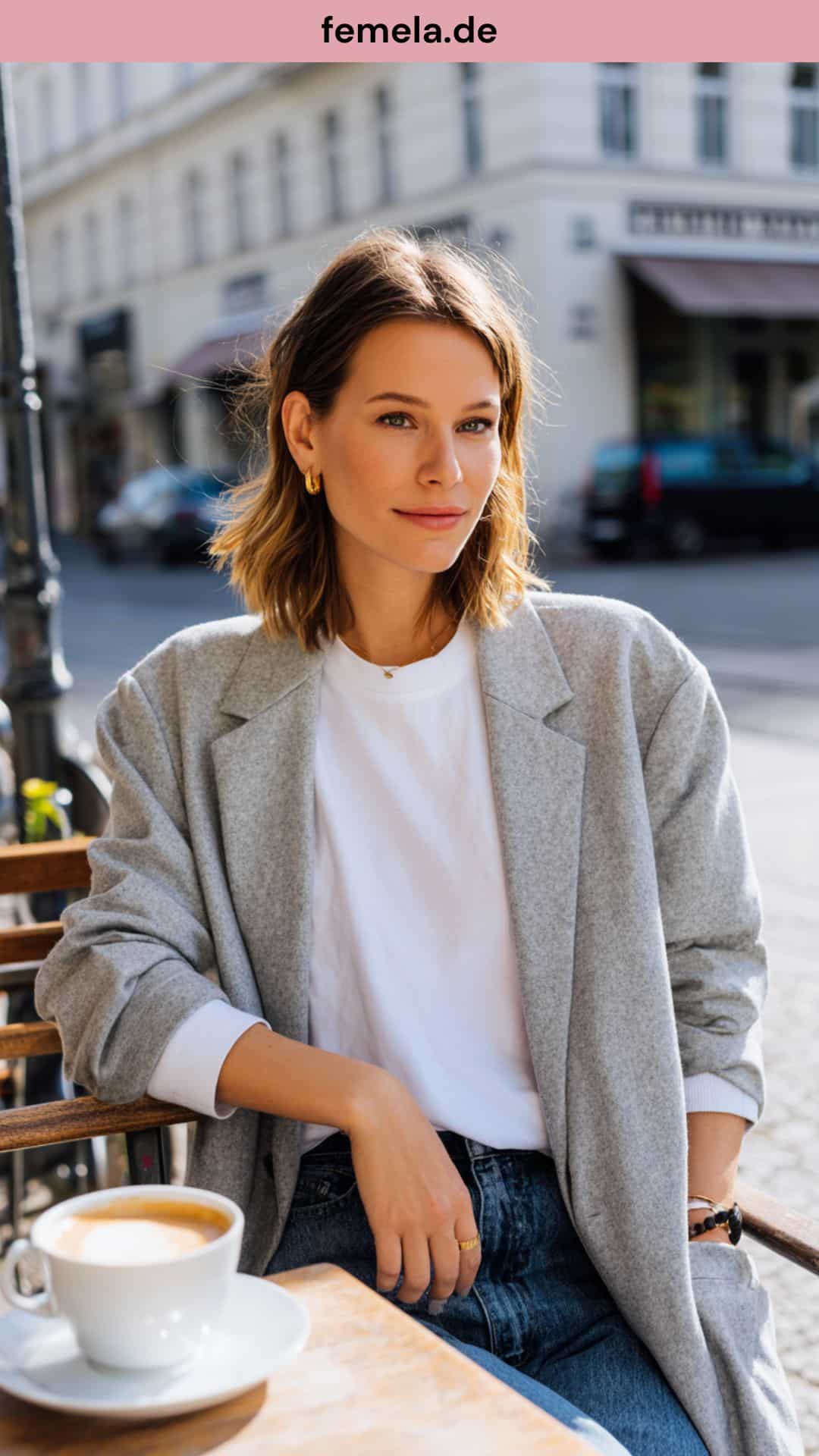 Legere Kleidung: Frau sitzt mit T-Shirt und Blazer im Cafe