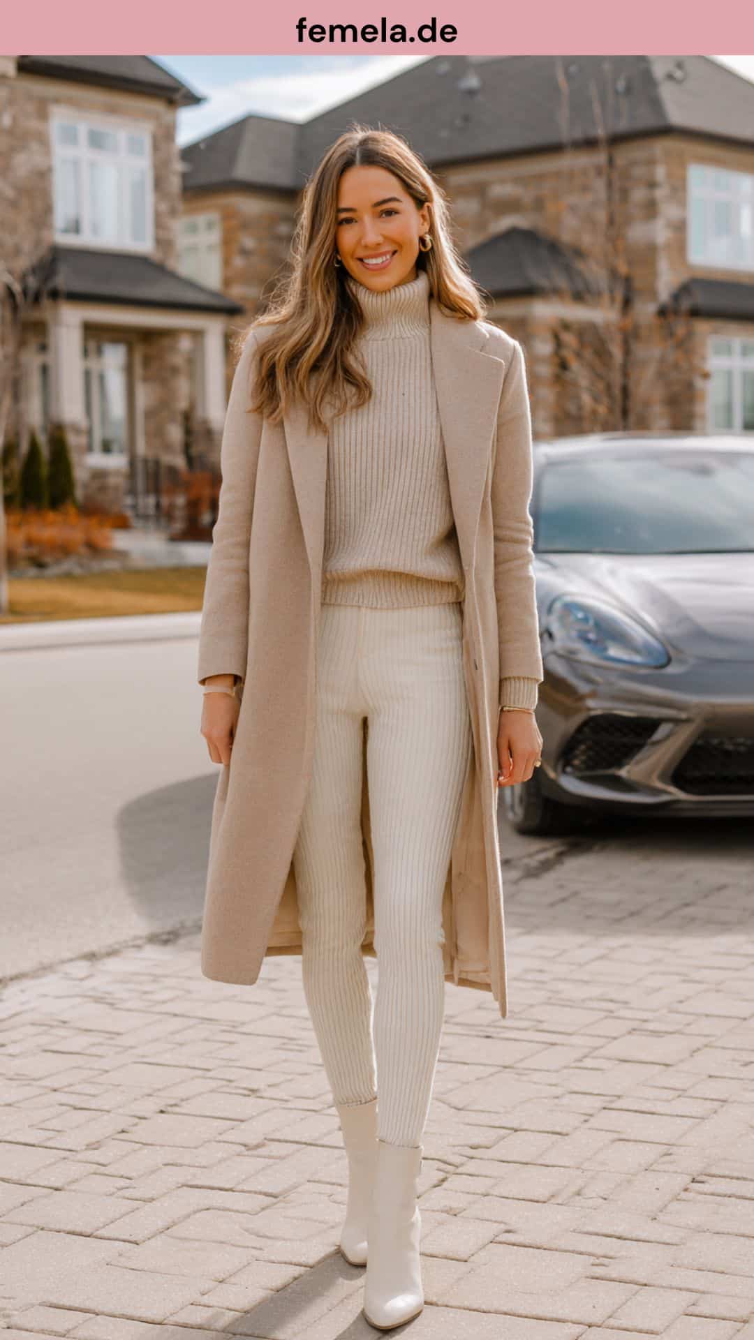 Edles Ton-in-Ton Outfit mit beiger Strickleggings, Rollkragenpullover und Camel-Coat.