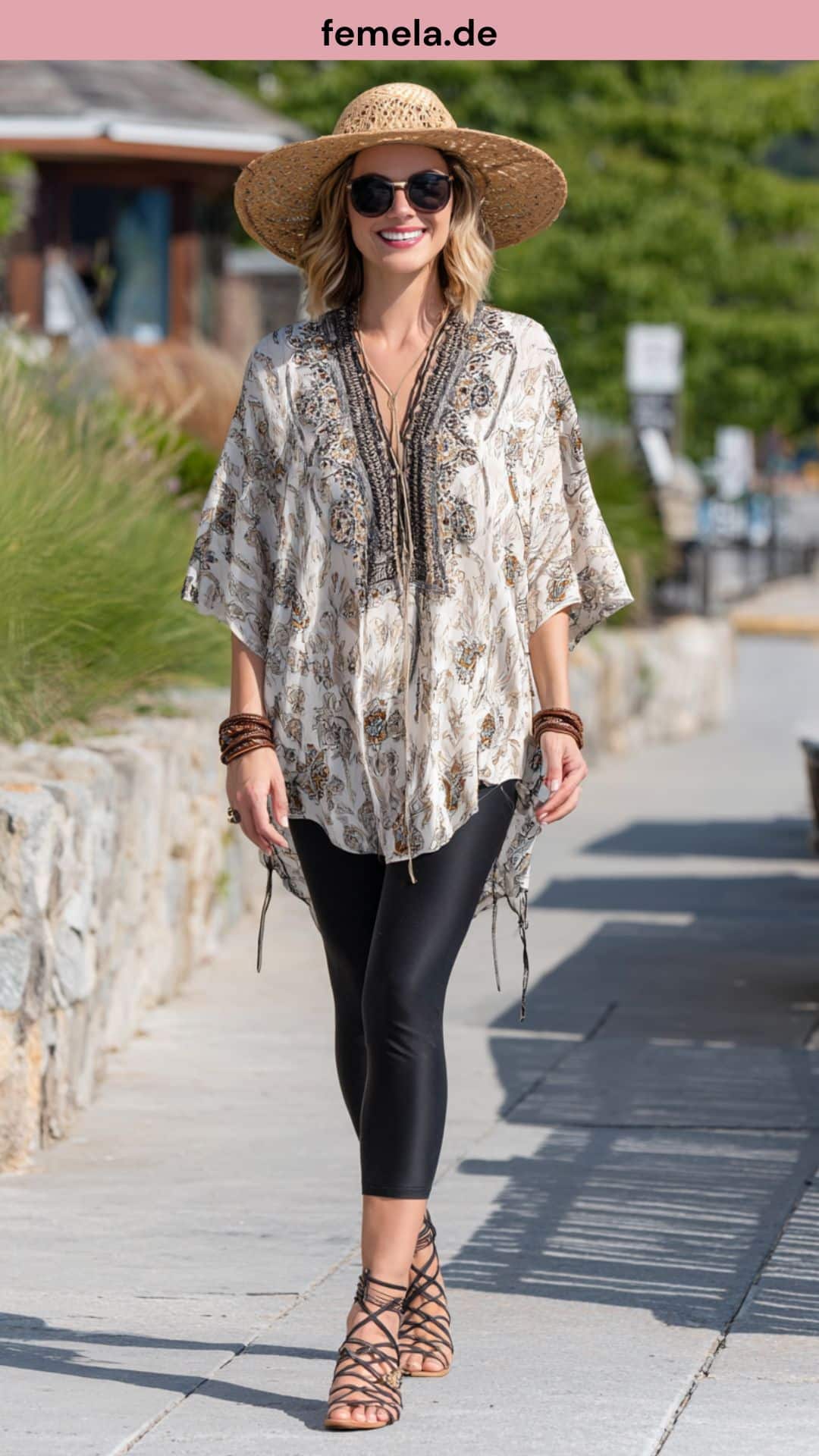 ommerliches Outfit mit 7/8 Leggings, gemusterter Tunika, Sandalen und Strohhut.