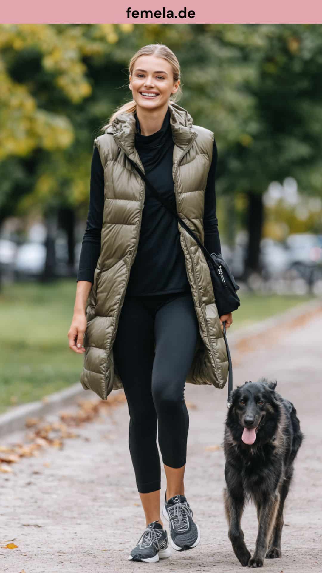 Übergangs-Outfit mit Leggings, Longsleeve und voluminöser Puffer-Weste.