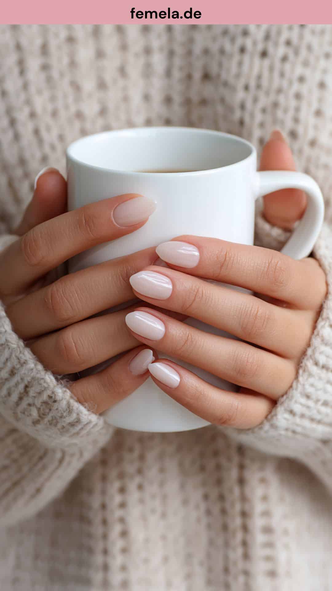 Nahaufnahme von gepflegten Händen mit Milky Nails, die eine Tasse halten.