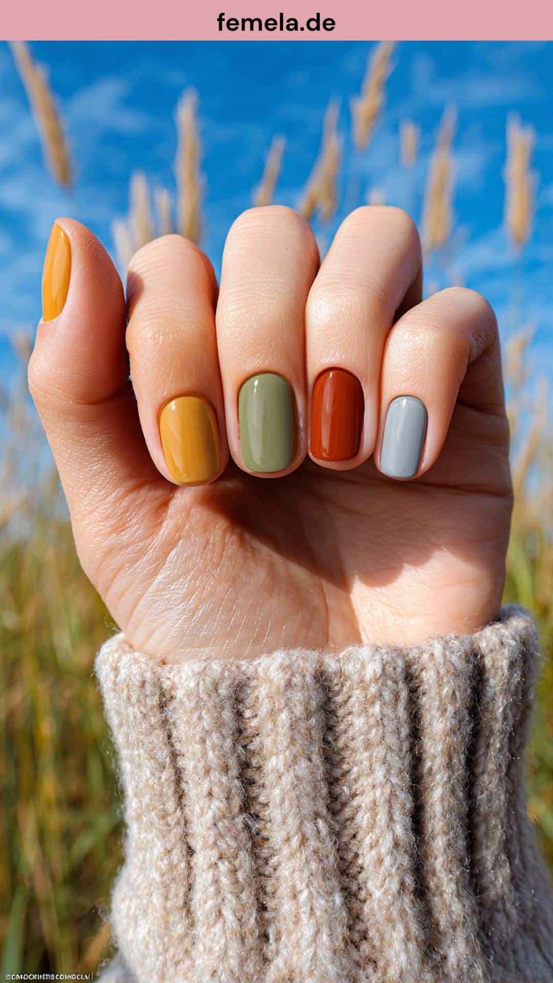 Bunte Mix & Match Fingernägel im Sonnenlicht.