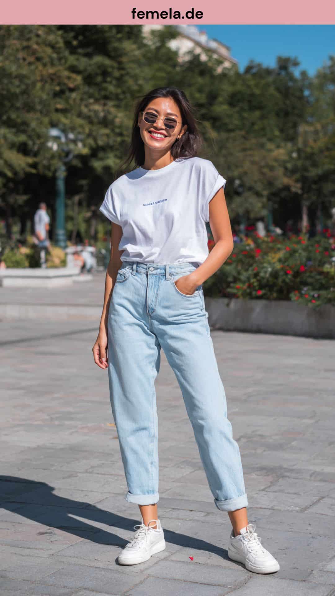 Lässiges Mom Jeans Outfit mit weißem T-Shirt, French Tuck und weißen Sneakern.